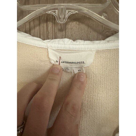 By Anthropologie‎ Poplin-Collar V-Neck Sweatshirt XS Beige White Cropped Smocked - Picture 4 of 7